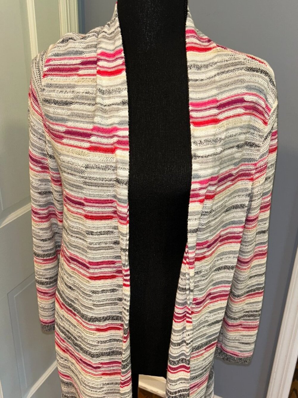 NIC+Zoe Linen Blend Open Front Cardigan Sweater, Striped, Sz Medium